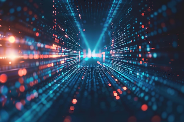 Abstract blue background with glowing light rays and lines of data in motion Digital technology conc