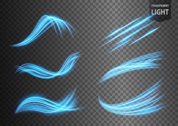 abstract blue wavy line of light set with a transparent background