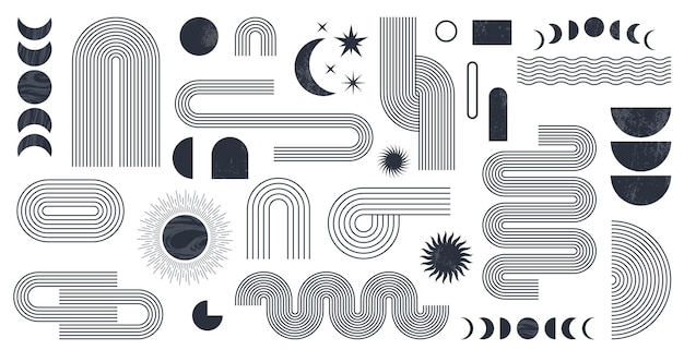 abstract boho aesthetic geometric shape set contemporary mid century line design with sun and moon phases earth tone trendy bohemian style modern illustration