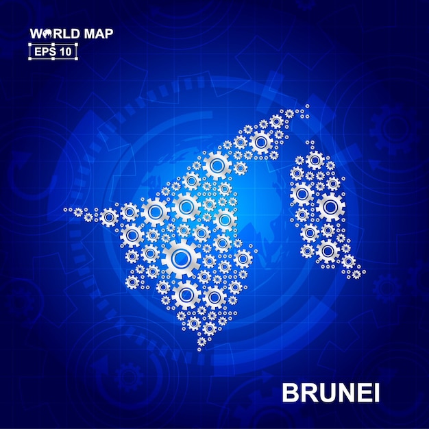 abstract brunei map design with transmission cog wheels and gears icon concept
