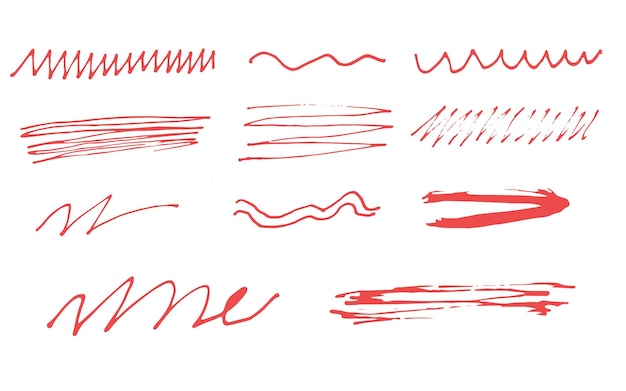 Abstract cartoon set red lines waves hand drawn strokes Vector hand drawn lines