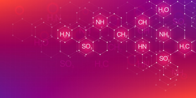 abstract chemistry pattern on dark blue background with chemical formulas and molecular structures. science and innovation technology concept.