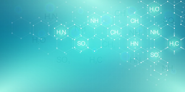 abstract chemistry pattern on green background with chemical formulas and molecular structures. science and innovation technology concept.