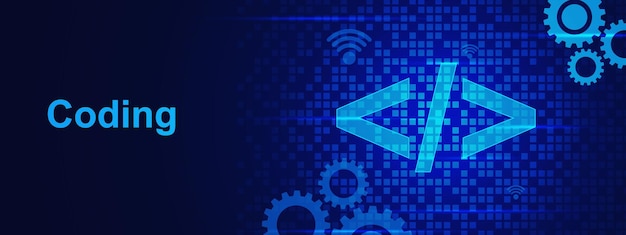 abstract coding and programming banner background with digital binary data gears and digital pixels