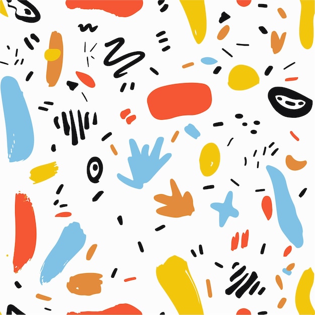 Abstract colorful brushstroke and scribble composition with a white base and various shapes