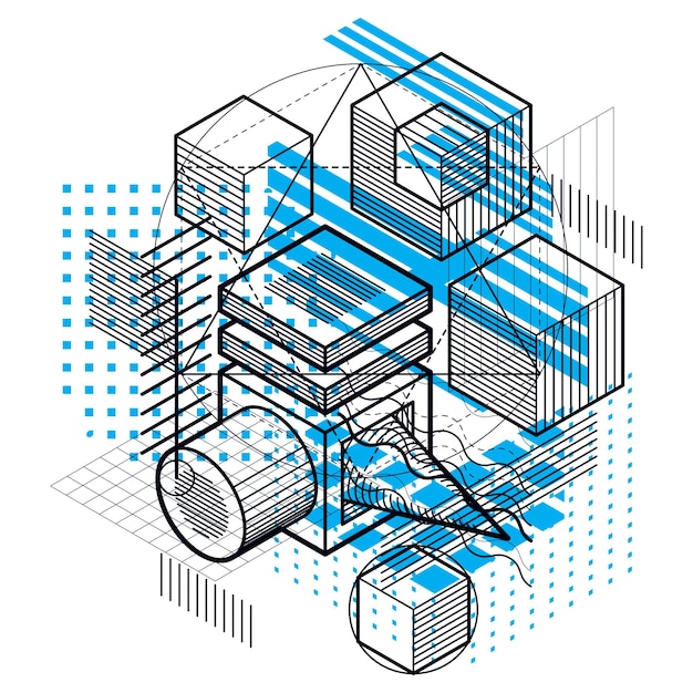 abstract design with 3d linear mesh shapes and figures, vector isometric background. cubes, hexagons, squares, rectangles and different abstract elements.