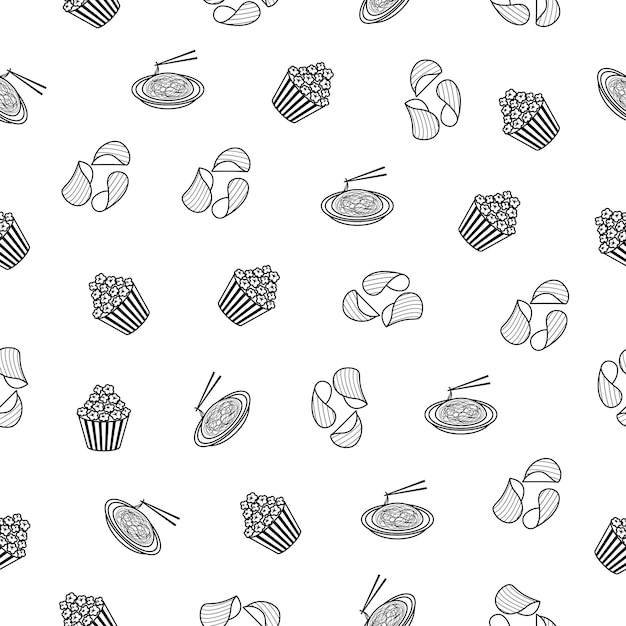 abstract doodle seamless pattern hand drawn fast food elements tacos pizza barbecue donut burrito