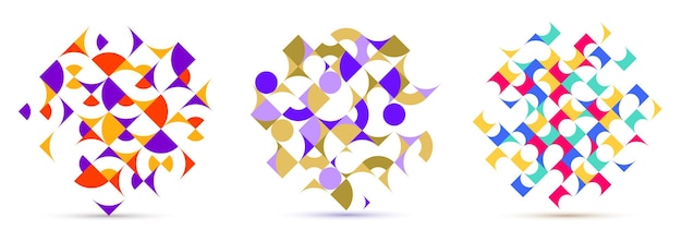 Abstract geometric backgrounds set isolated over white vector design elements in retro style of 70s modern modular compositions with colorful geometrical shapes