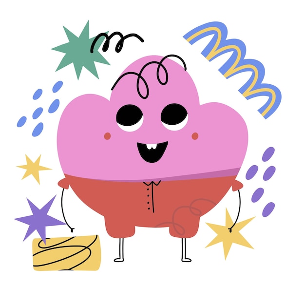 Abstract geometric character Basic cloud with cute faces legs and hands funny graphic mascot Modern childish creature Poster or banner isolated objects vector cartoon doodle illustration