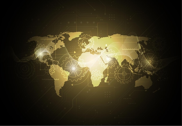 abstract global network connection on gold background world map point and line composition concept