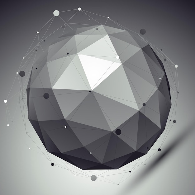 Abstract grayscale 3D sphere with asymmetric grid, vector digital eps8 lattice object placed over dark background. Contrast orb with different undertones.