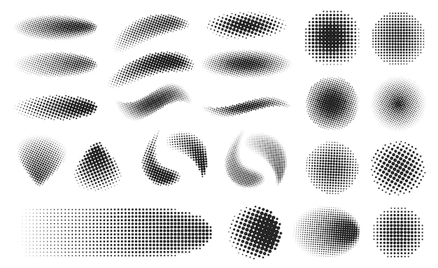 abstract halftone dotted geometric shapes with gradient pop art dot circles and ovals vector set