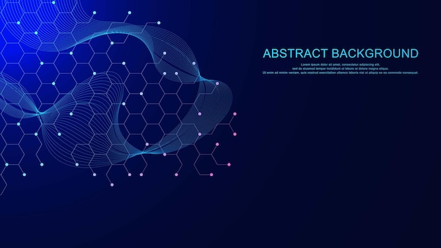 abstract hexagon and particles with wave flow background design vector stock illustration