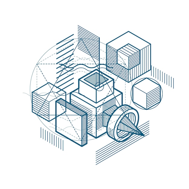 Abstract isometrics background, 3d vector layout. Composition of cubes, hexagons, squares, rectangles and different abstract elements.