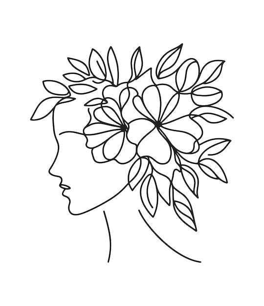 abstract linear drawing of a womans face with flowers