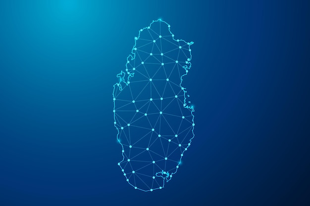 abstract mash line and point with map of qatar polygonal network line vector.