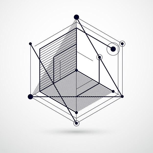 Abstract modern retro black and white 3D background, geometric futuristic shapes vector illustration. Abstract scheme of engine or engineering mechanism.