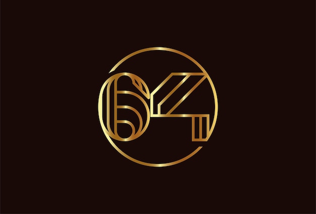 Abstract Number 64 Gold Logo, Number 64 monogram line style inside circle