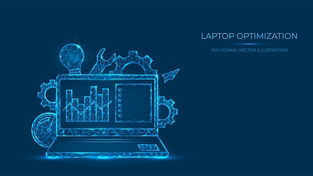 abstract polygonal  illustration of laptop optimization. low poly concept of laptop made from lines and dots. search engine optimization.