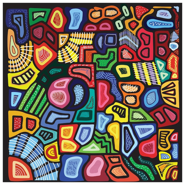 Abstract repeat colorful art with various shapes and patterns on a dark background