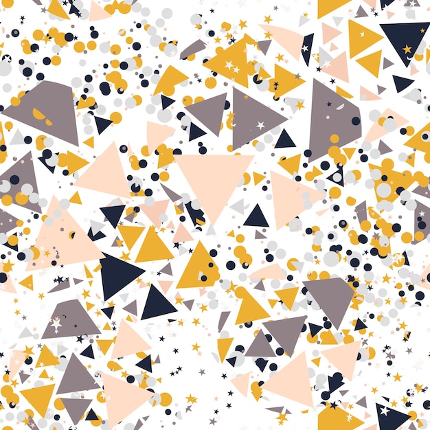 Abstract seamless pattern with colorful chaotic small triangles, dots, stars. Infinity triangles
