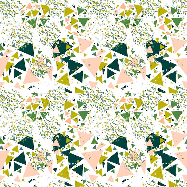 Abstract seamless pattern with colorful chaotic small triangles, dots, stars. Infinity triangles
