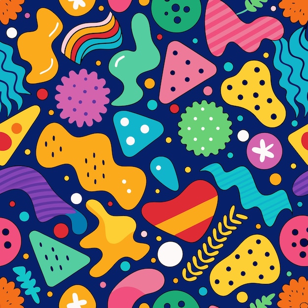 Abstract seamless pattern with colorful shapes and dots on blue background