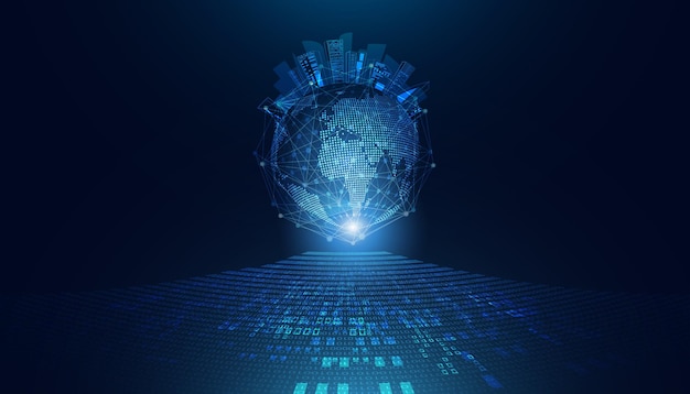 Abstract smart city building modern blue and world on a modern background futuristic digital