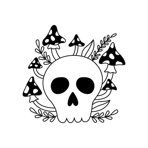 abstract tattoo silhouette of skull and poisonous mushrooms outline graphic bones and amanitas