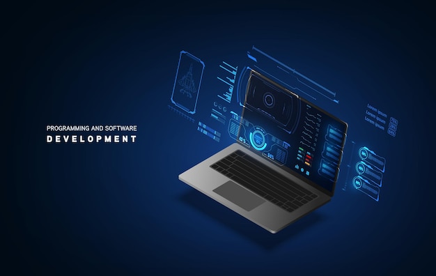 Abstract technology chip processor background circuit board and html code,3D illustration blue technology background vector.