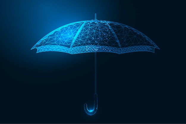 Abstract umbrella form lines and triangles, point connecting network on blue background low polygonal Illustration 