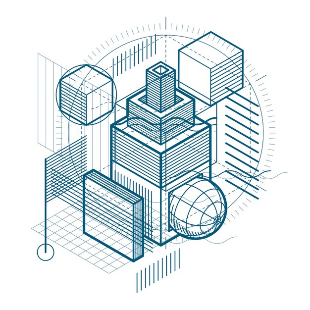 abstract vector background with isometric lines and shapes. cubes, hexagons, squares, rectangles and different abstract elements.