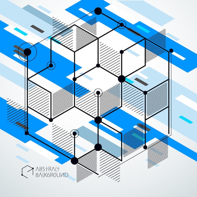 Abstrakt kreativ geometrisk kunst med en rekke geometriske elementer blå bakgrunn, vektorillustrasjon. Perspektiv plantegning av mekanisme, skjema. Perfekt bakgrunn for dine designprosjekter
