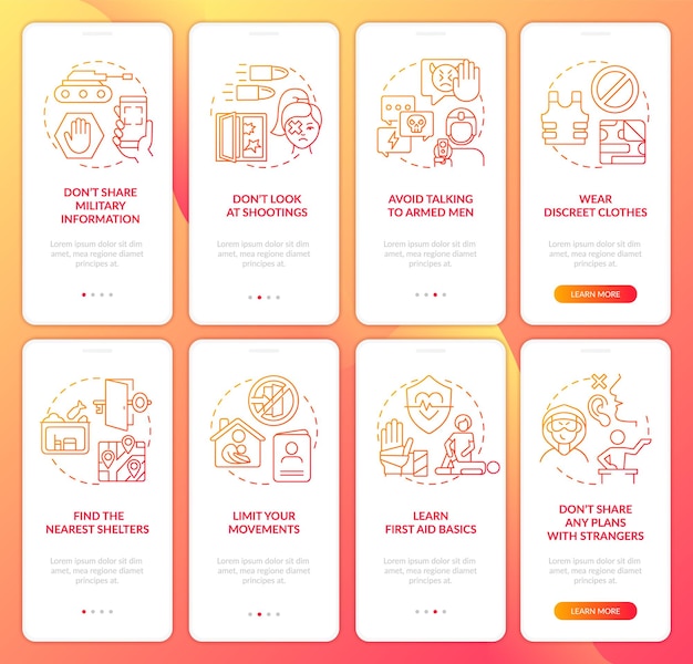 Actions at war conflict red gradient onboarding mobile app screen set