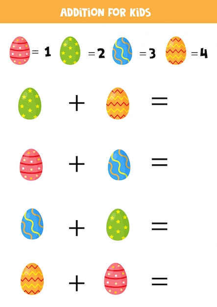 Addition of Easter eggs for kids. Solve the equation.