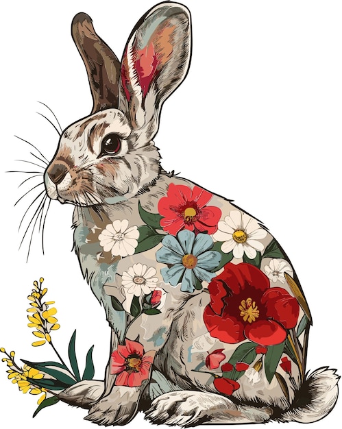 Adorable bunny rabbit with Floral flowers Vintage Vector Illustration