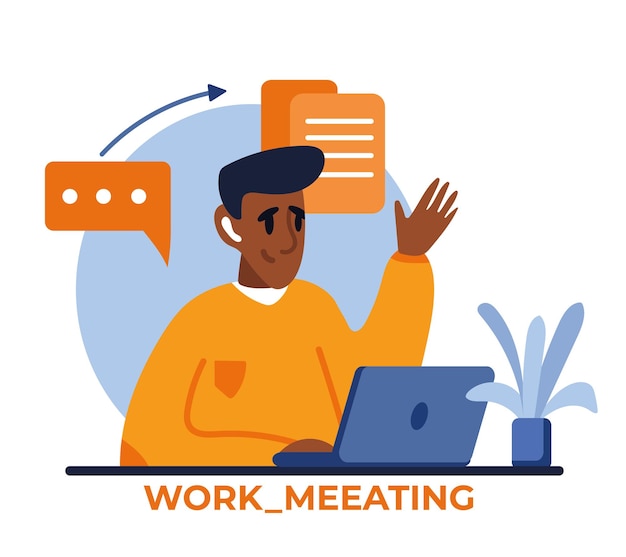 Adult African man chatting with colleagues via laptop Live and online working communication concept