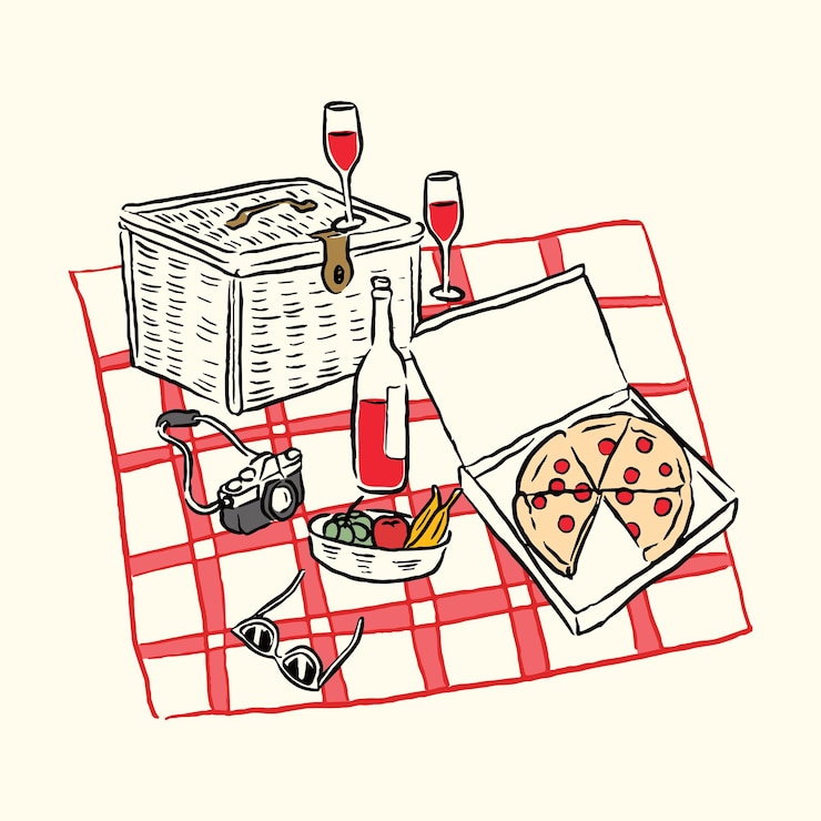 Vektor aesthetic hand-drawn picnic scene illustration line art vector
