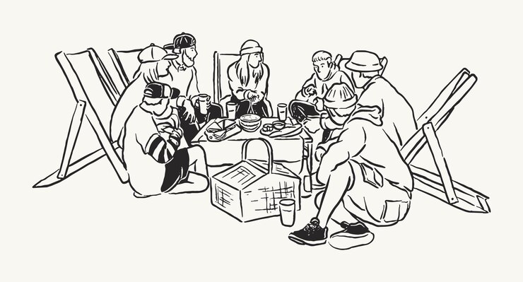 Vektor aesthetic hand-drawn picnic scene illustration line art vector