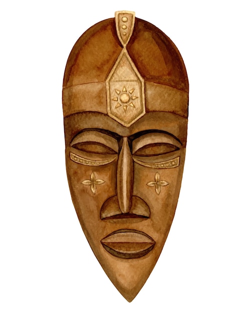 African wooden mask of male face with gold tribal ornament hand drawn watercolor kwanzaa holiday