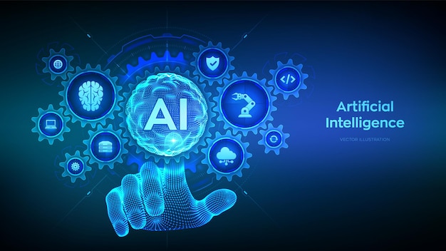AI Artificial Intelligence Machine Learning Concept Big data Neural networks Sphere grid wave Wireframe hand touching digital interface with connected gears cogs and icons Vector illustration