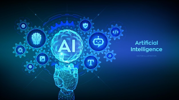 AI Artificial Intelligence Machine Learning Concept Big data Neural networks Sphere grid wave Wireframe hand touching digital interface with connected gears cogs and icons Vector illustration