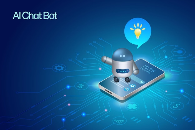 Ai chat bot on smartphone answer questions with smart solution idea Artificial Intelligence robot communicate with human natural language provide smart solutions in varies categories 3D vector