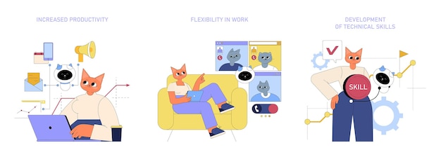 Ai impact on business set anthromorphic characters demonstrating ai integration enhancing work