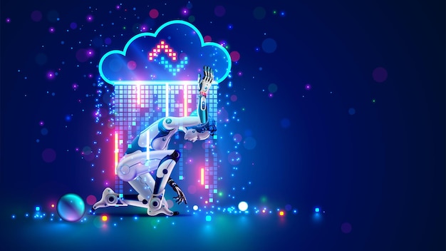 AI robot working with data in digital cloud storage Robot holds cloud of data Technology network communication data processing by artificial intelligence Cloud computing with AI technology
