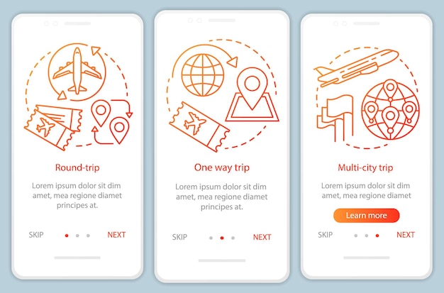 Aircraft flight ticket onboarding mobile app page screen vector template One way and multicity trip Walkthrough website steps with linear illustrations UX UI GUI smartphone interface concept