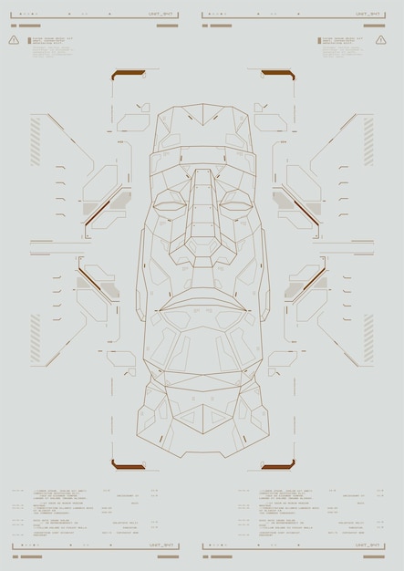 An ancient statue in a futuristic style with HUD elements Modern flyer for print hacking Cyberpunk f