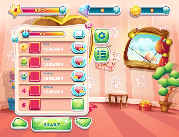an example of one of the screens of the computer game with a loading background bedroom princess, user interface and various element. set 1.