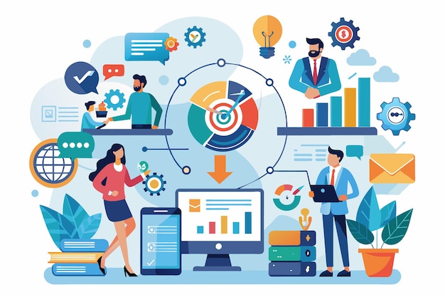 an illustration of business people working together on a digital marketing strategy they are using charts graphs and other digital tools to track their progress and make decisions