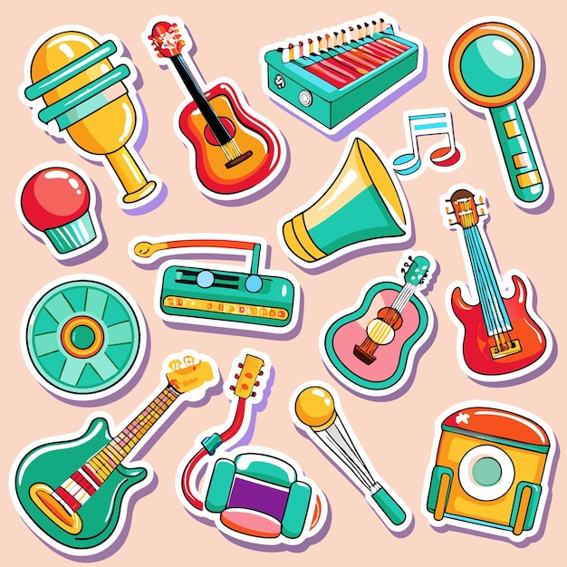 An illustration of various musical instruments including guitars a microphone a harmonium a trumpet and a record